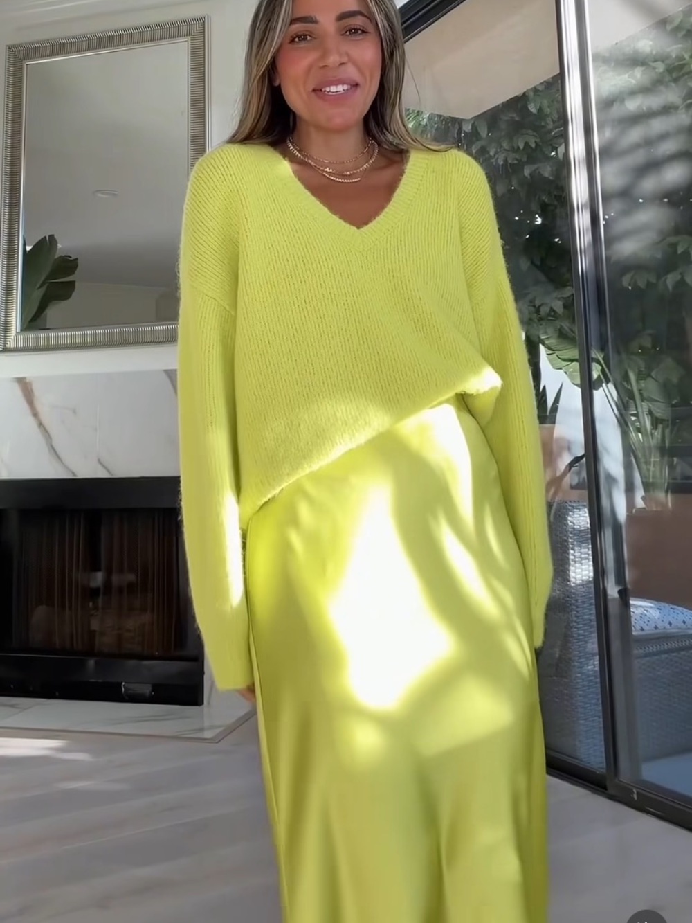 LOFT Neon Lime V‑Neck Sweater and Slip Skirt Set